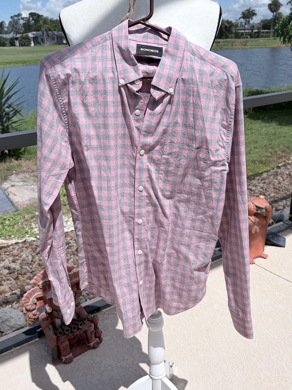 Bonobos Pink & Teal Gingham Checkered Plaid Button-Down Shirt Preppy SZ M